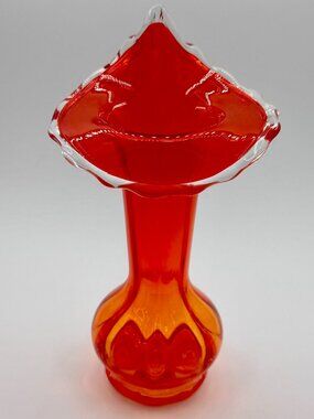Jack in the Pulpit  Art Glass Vase Ruffled Rim  Red Orange Vintage MCM